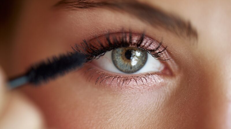 Close-up of an eye as mascara is applied to eyelashes, highlighting length and definition