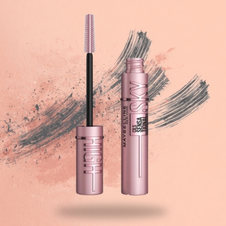 Pink mascara tube with flexible brush designed to lengthen and define lashes