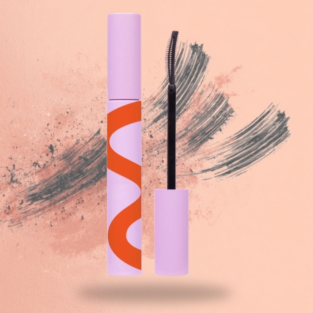 Light-colored mascara tube with curved wand designed to lift and separate lashes