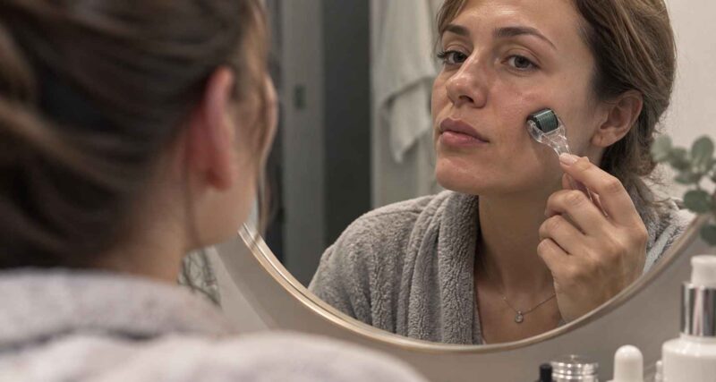 Woman using a microneedling roller on her cheek at home.